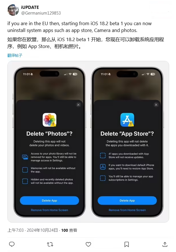 龙湖镇苹果手机维修分享iOS 18.2 支持删除 App Store 应用商店 