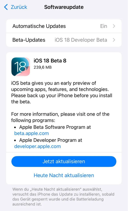 龙湖镇苹果手机维修分享苹果 iOS / iPadOS 18 开发者预览版 Beta 8 发布 